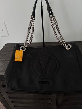 Valentino Black Quilted V Logo Chain Shoulder Bag